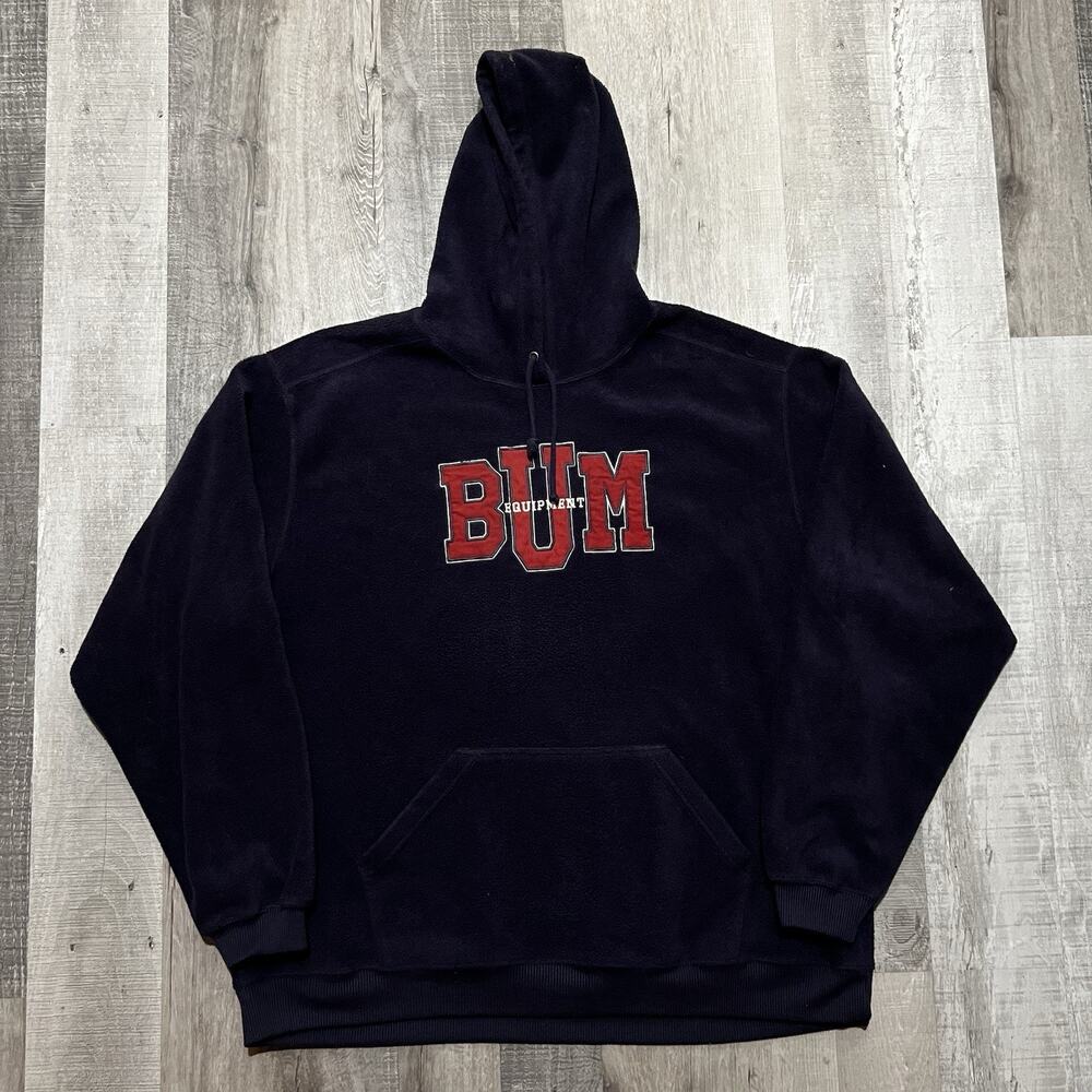 Vtg B.U.M. Equipment Blue Fleece Pullover Hoodie Drawstring Fuzzy Navy 90s Y2K